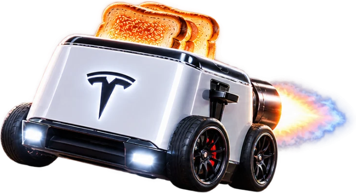 Tesla toaster with wheels and a rocket booster