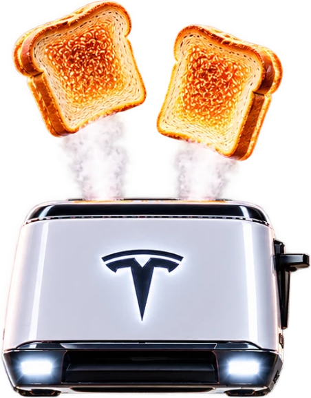 Tesla toaster popping two golden toasts